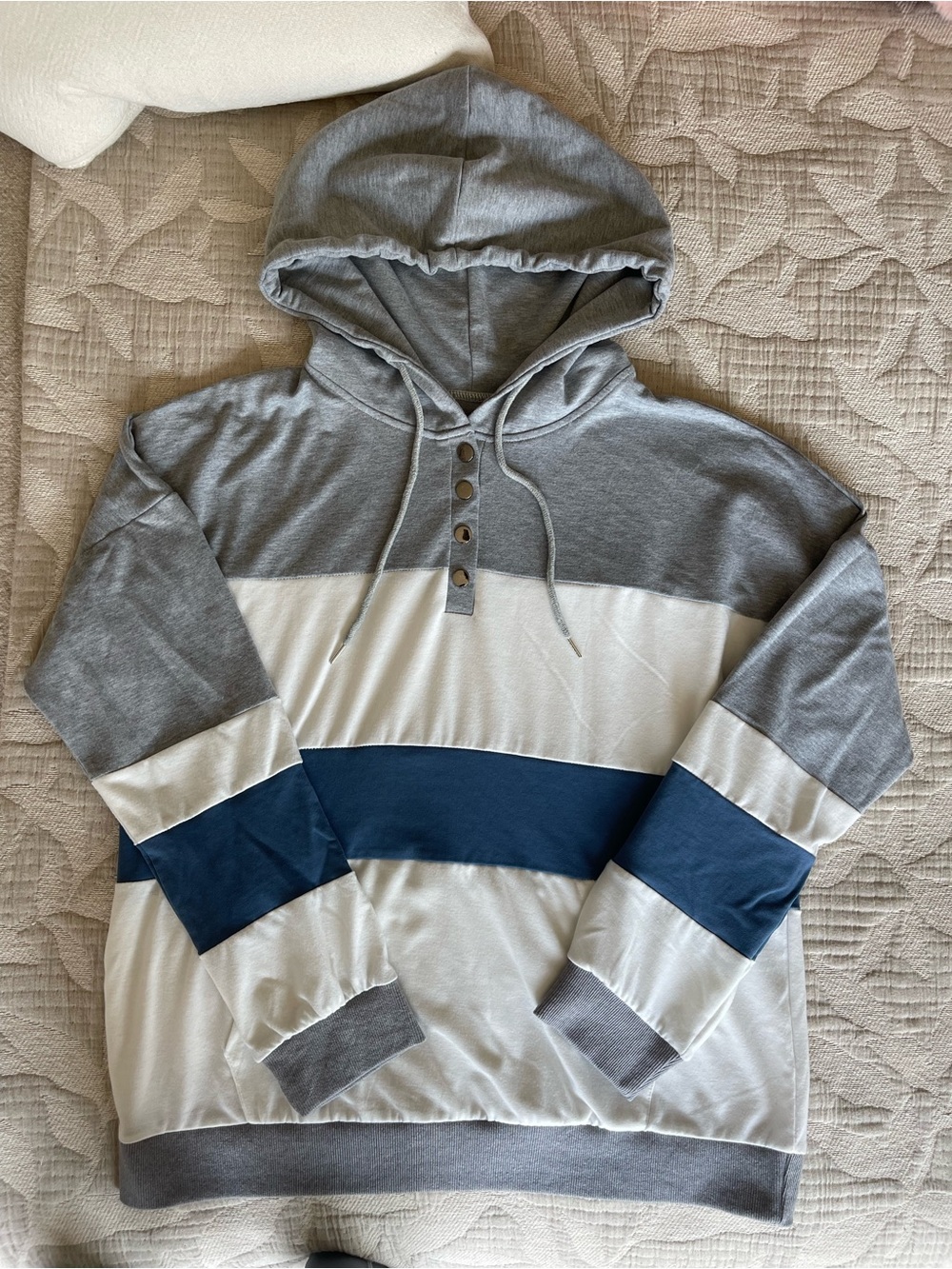 Women's Colorblock Hooded Sweatshirt - Gray, White & Blue - Picture 2 of 5